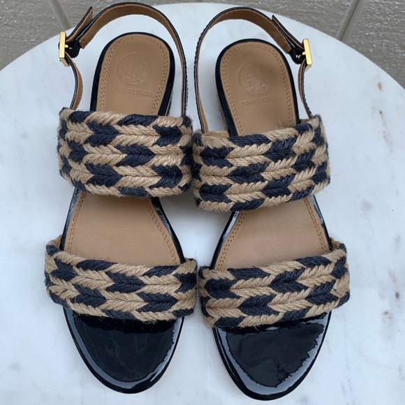 Tory Burch Shoes - Tory Burch Navy Blue and Tan Woven Sandals. New wo tag. Never worn.